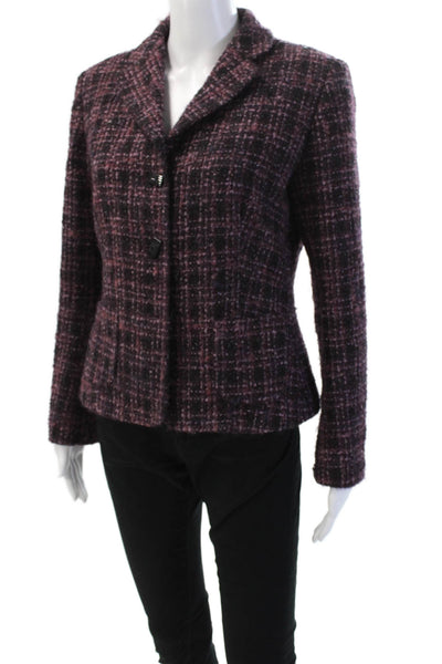 Bernard Zins Women Black Plaid Collared Blazer Button Long Sleeve Size 8