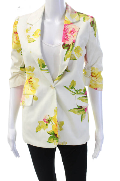 Elizabeth and James Womens Cotton Floral One Button 3/4 Sleeve Blazer White Sz 2