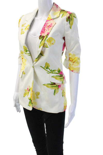 Elizabeth and James Womens Cotton Floral One Button 3/4 Sleeve Blazer White Sz 2
