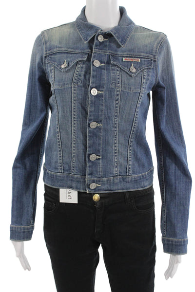 Hudson Women Blue Cotton Collared Button Jacket Size S