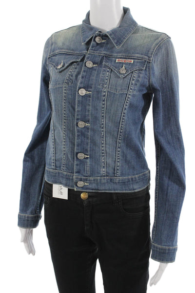 Hudson Women Blue Cotton Collared Button Jacket Size S