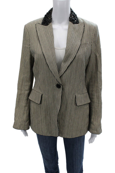 BCBGMAXAZRIA Womens Beige Striped Collared Button Blazer Long Sleeve Size M