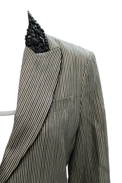 BCBGMAXAZRIA Womens Beige Striped Collared Button Blazer Long Sleeve Size M