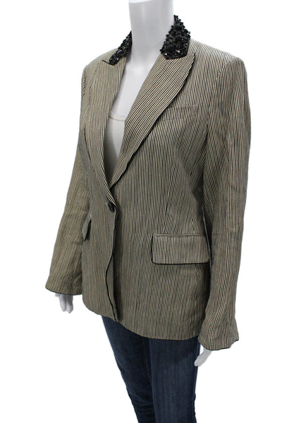 BCBGMAXAZRIA Womens Beige Striped Collared Button Blazer Long Sleeve Size M