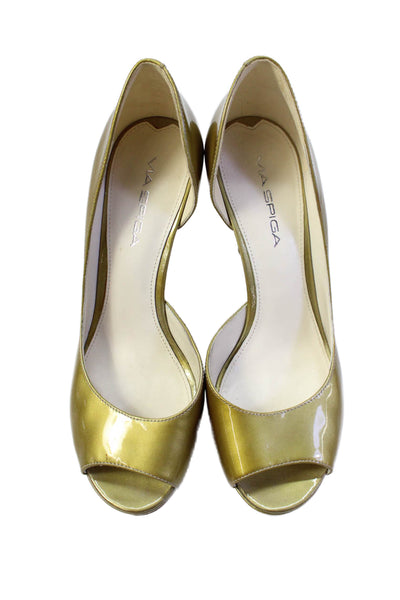Via Spiga Women's Open Toe Patent Leather Cone Heel Pumps Shoes Green Size 7