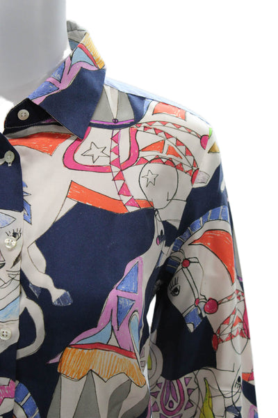 Vilagallo Womens Collared Striped Buttonup Blouse Dark Blue Silk Size 40