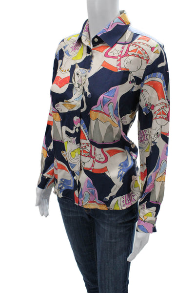 Vilagallo Womens Collared Striped Buttonup Blouse Dark Blue Silk Size 40