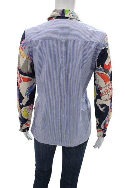 Vilagallo Womens Collared Striped Buttonup Blouse Dark Blue Silk Size 40