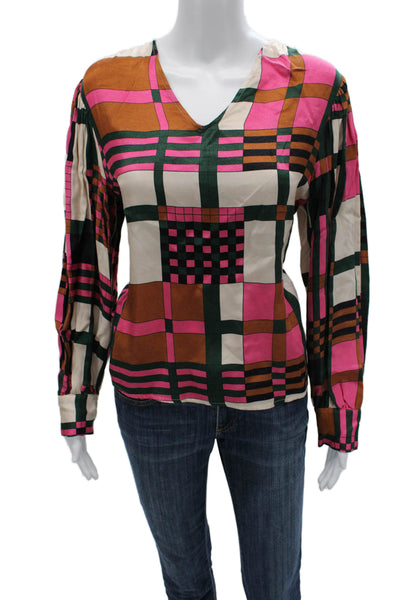 Vilagallo Women Beige Check V-Neck Long Sleeve Blouse Size 40