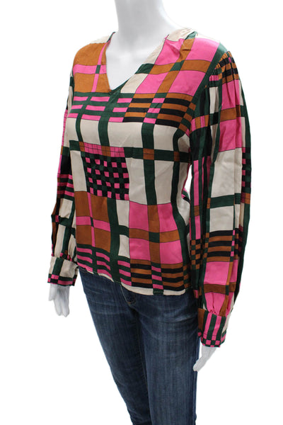 Vilagallo Women Beige Check V-Neck Long Sleeve Blouse Size 40