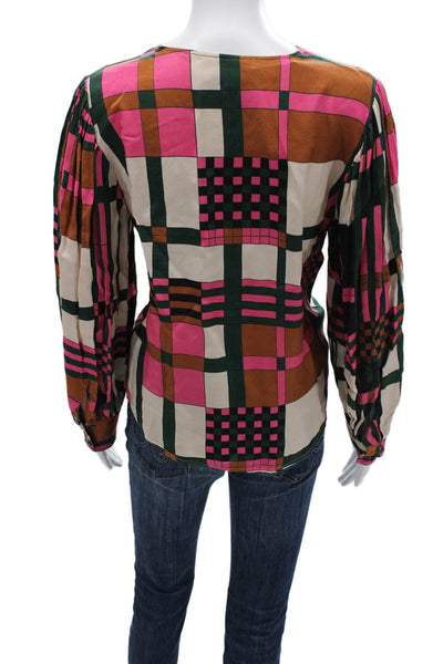 Vilagallo Women Beige Check V-Neck Long Sleeve Blouse Size 40