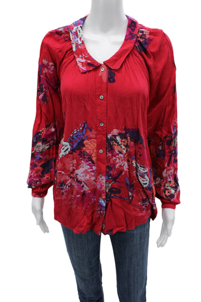 Free People Women Tunic Blouse Red Floral Collared Long Sleeve Rayon Size XS