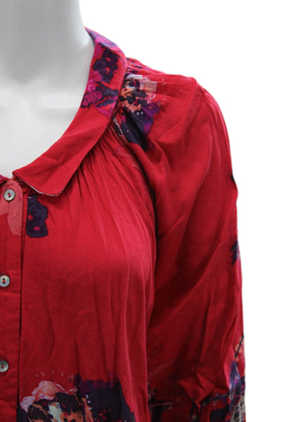 Free People Women Tunic Blouse Red Floral Collared Long Sleeve Rayon Size XS