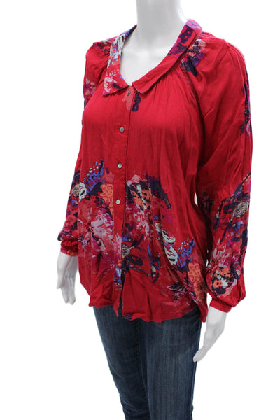 Free People Women Tunic Blouse Red Floral Collared Long Sleeve Rayon Size XS