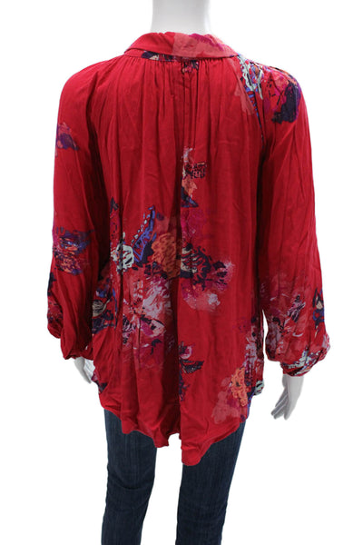 Free People Women Tunic Blouse Red Floral Collared Long Sleeve Rayon Size XS