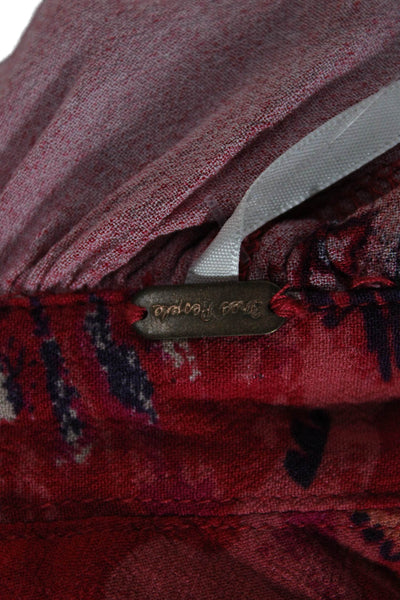 Free People Women Tunic Blouse Red Floral Collared Long Sleeve Rayon Size XS