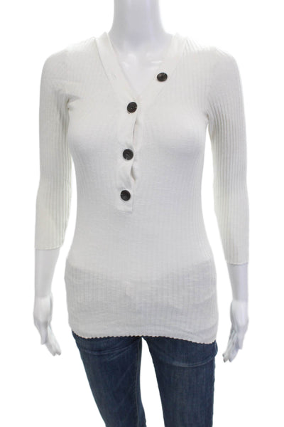 Enza Costa Women V-Neck 3/4 Sleeve Rayon Blend Basic Button-Up Top White Size S