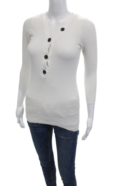 Enza Costa Women V-Neck 3/4 Sleeve Rayon Blend Basic Button-Up Top White Size S