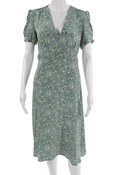 HVN Women Green Silk Wrap Dress V-Neck Short Sleeve Knee Length Size 4
