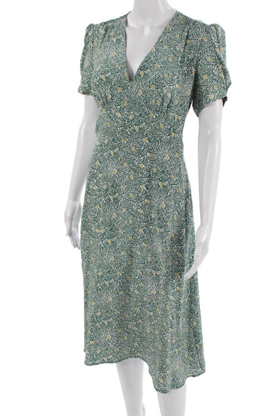HVN Women Green Silk Wrap Dress V-Neck Short Sleeve Knee Length Size 4