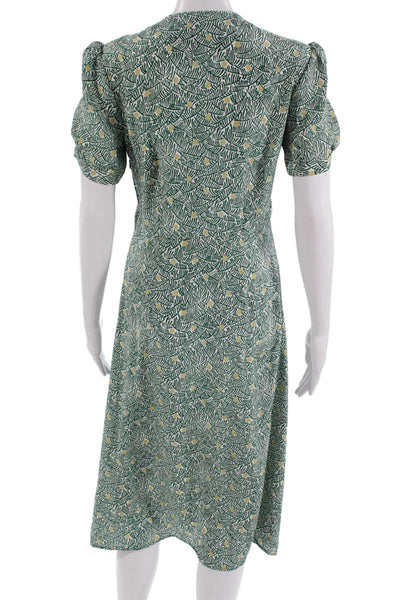 HVN Women Green Silk Wrap Dress V-Neck Short Sleeve Knee Length Size 4