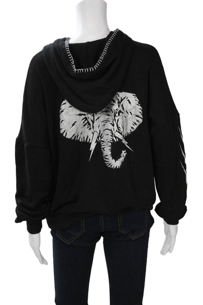 Lauren Moshi Women Pullover Hoodie Black Animal Graphic Drawstring Size XS