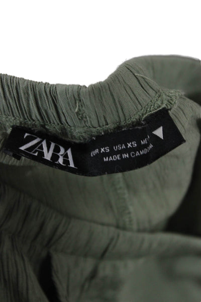 Zara Women Cropped Pants Green Drawstring Viscose Polyamide Size XS