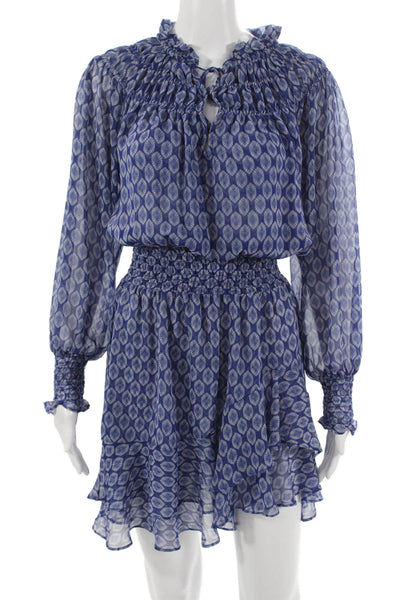 Misa Women Blouson Mini Paisley Dress Blue Long Sleeve Polyester Size XS
