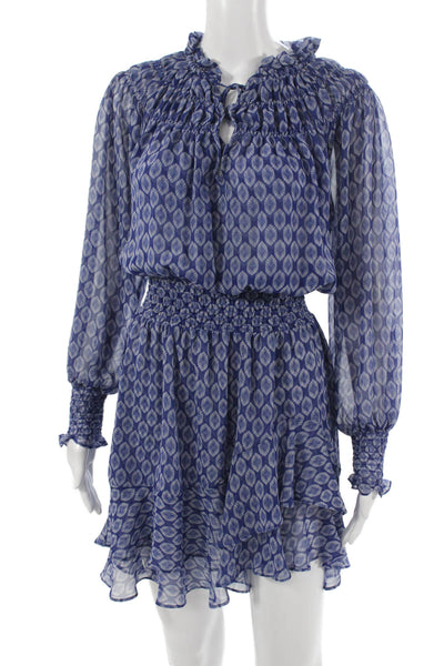 Misa Women Blouson Mini Paisley Dress Blue Long Sleeve Polyester Size XS