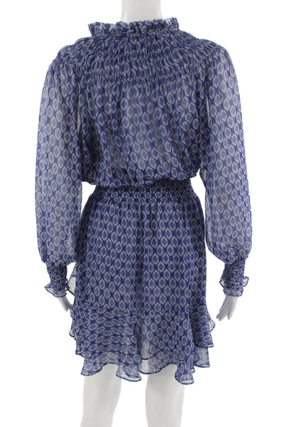 Misa Women Blouson Mini Paisley Dress Blue Long Sleeve Polyester Size XS