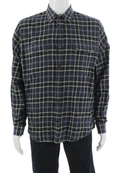 Vince Mens Button-Down Dark Blue Plaid Collared Long Sleeve Cotton Size L