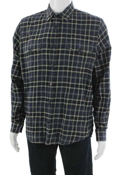 Vince Mens Button-Down Dark Blue Plaid Collared Long Sleeve Cotton Size L