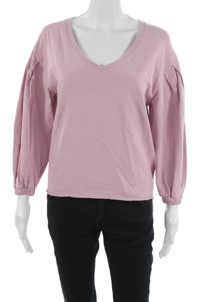 Nation LTD Women Basic V-Neck Cotton Long Sleeve T-Shirt Pink Size XS