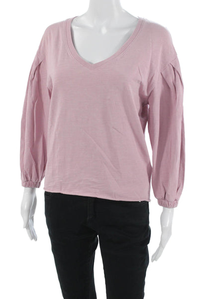 Nation LTD Women Basic V-Neck Cotton Long Sleeve T-Shirt Pink Size XS