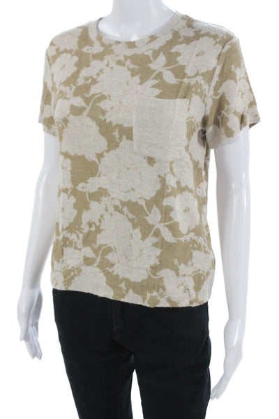 Leset Womens Basic Floral Crew Neck Short Sleeve T-Shirt Beige Size XS