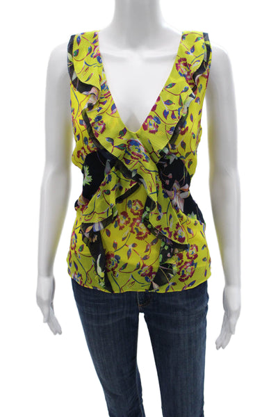 Tanya Taylor Womens Silk Floral V-Neck Sleeveless Blouse Yellow Zip Size 4