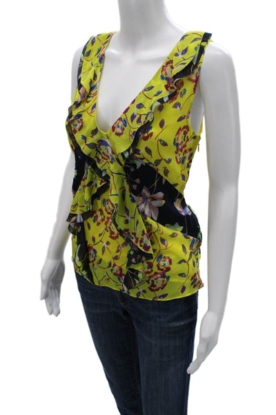Tanya Taylor Womens Silk Floral V-Neck Sleeveless Blouse Yellow Zip Size 4