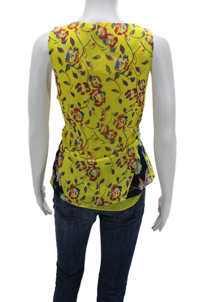 Tanya Taylor Womens Silk Floral V-Neck Sleeveless Blouse Yellow Zip Size 4