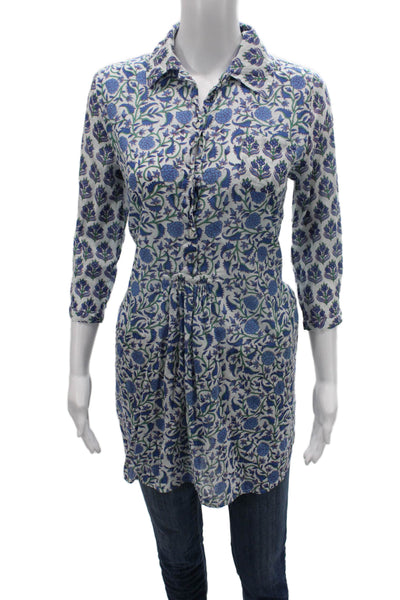Ro's Garden Women Blue Floral Cotton Tunic Button-Up 3/4 Sleeve Size XS