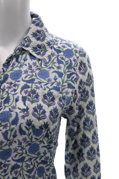 Ro's Garden Women Blue Floral Cotton Tunic Button-Up 3/4 Sleeve Size XS