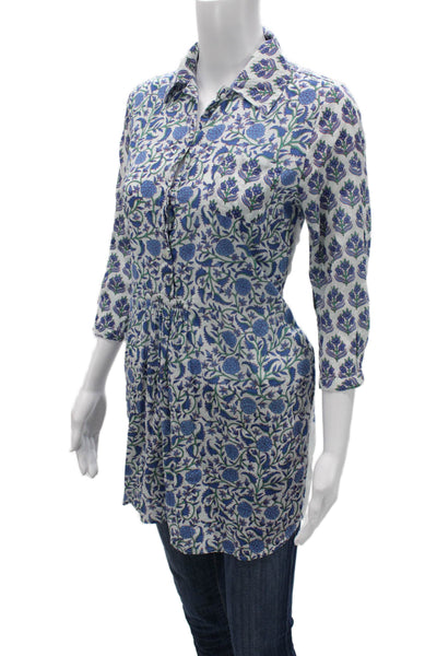 Ro's Garden Women Blue Floral Cotton Tunic Button-Up 3/4 Sleeve Size XS