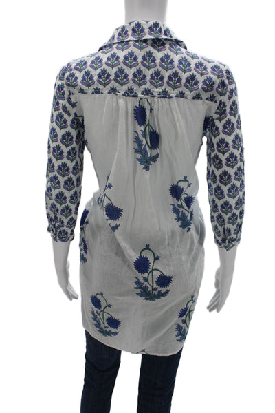 Ro's Garden Women Blue Floral Cotton Tunic Button-Up 3/4 Sleeve Size XS