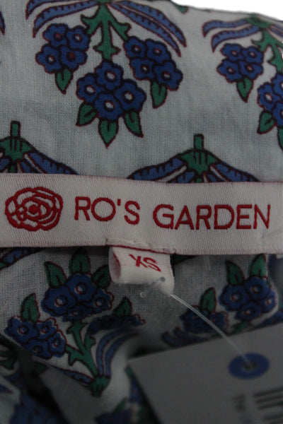 Ro's Garden Women Blue Floral Cotton Tunic Button-Up 3/4 Sleeve Size XS