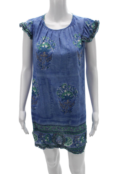 Bell Women Shift Floral Blue Short Sleeve Round Neck Dress Size S