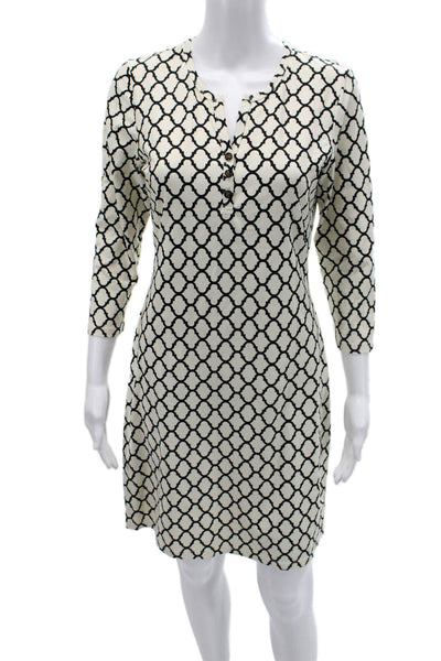 J. Mclaughlin Womens Beige Geometric V-Neck Shift Shirt Dress 3/4 Sleeve Size S