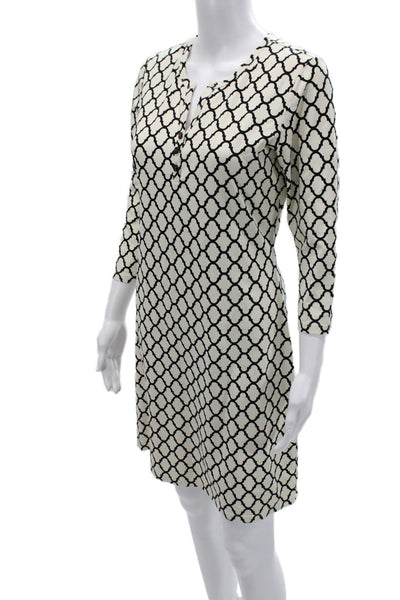 J. Mclaughlin Womens Beige Geometric V-Neck Shift Shirt Dress 3/4 Sleeve Size S