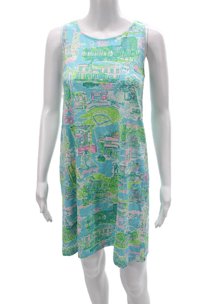 Lilly Pulitzer Women Light Blue Shift Dress Sleeveless Cotton Lace Up Size XS