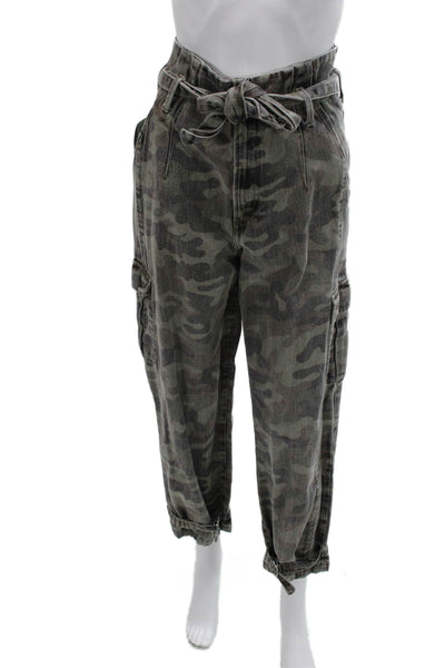 Zara Womens Cargo Paperbag Pants Dark Gray Camo Drawstring Size 6