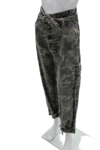 Zara Womens Cargo Paperbag Pants Dark Gray Camo Drawstring Size 6