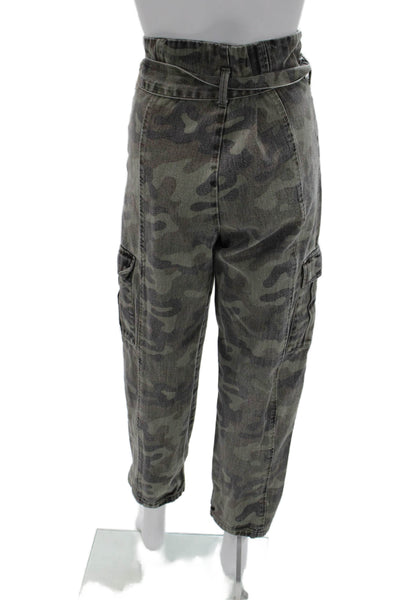 Zara Womens Cargo Paperbag Pants Dark Gray Camo Drawstring Size 6